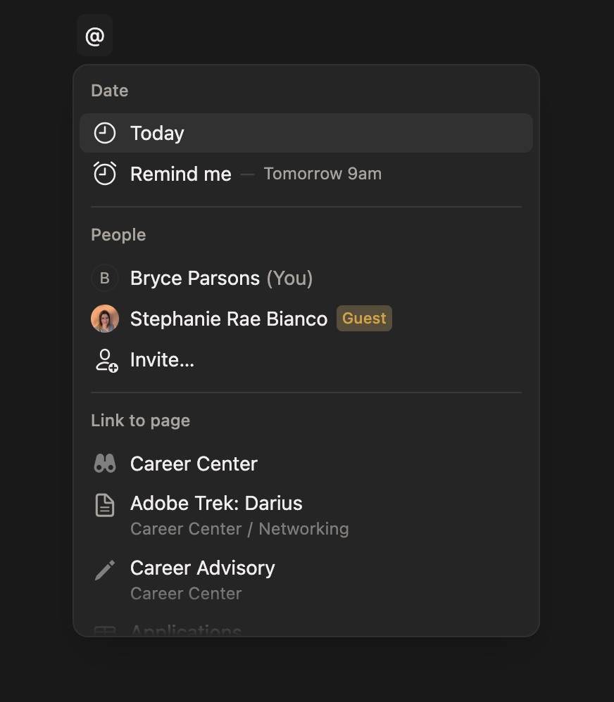 Notion @-mention context menu showing Date, People, and Link to page categories with options like Today, Remind me, Bryce Parsons, Stephanie Rae Bianco, Career Center, and Adobe Trek